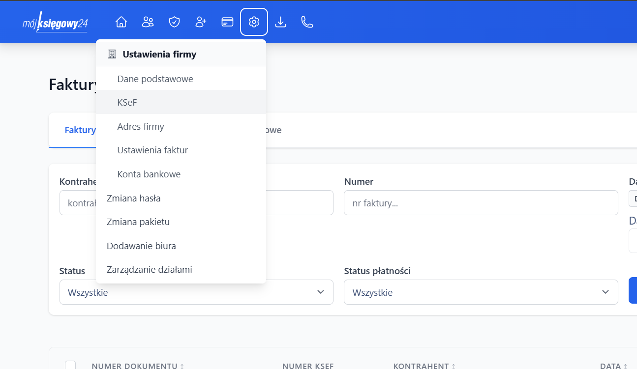 Menu DGCS Portal KSeF
