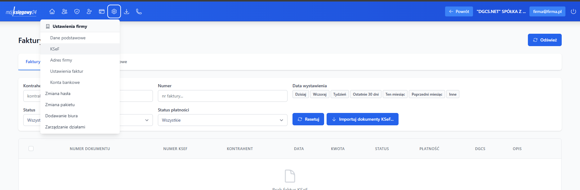 Menu ustawienia firmy KSeF